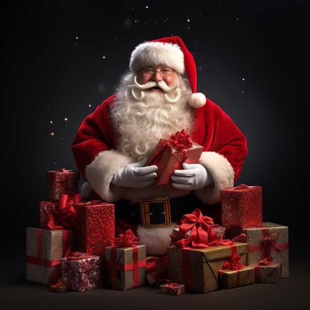 A santa claus with gift boxes isolated on black background