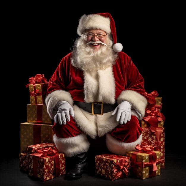 A santa claus with gift boxes isolated on black background