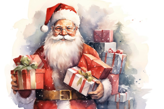 Santa Claus with gift boxes watercolor