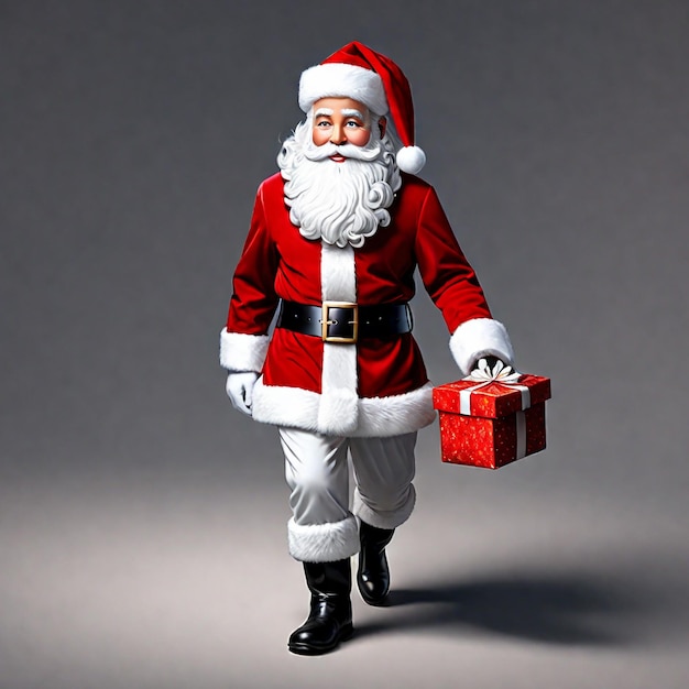 santa claus with a gift in his hands on a gray background