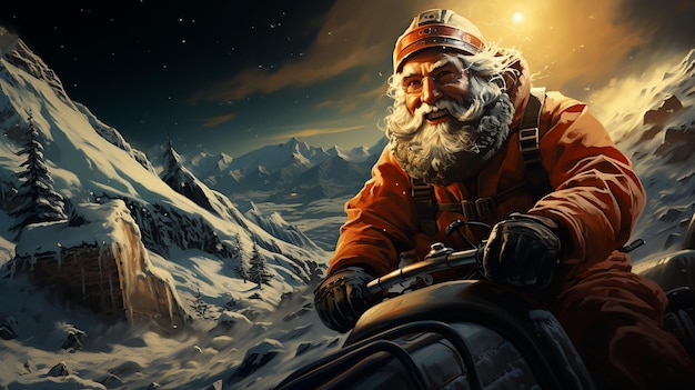 Santa Claus with gifts creative image of outdoor activities in the mountains smiling and wishing Merry Christmas holiday illustration Generated by AI