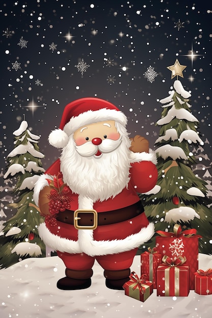 Santa Claus with gifts and fir trees in the snow Christmas background