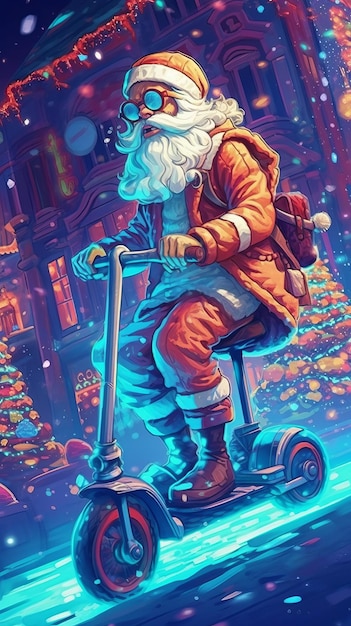 Santa Claus with gifts rides a scooter Generative AI