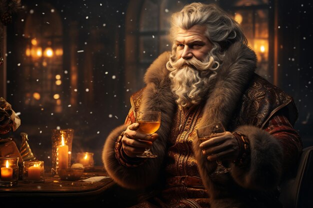 위스키 한 잔을 들고 있는 산타클로스 새해 전날 명랑하고 재미있는 할아버지 서리가 당신에게 행복한 휴가를 기원합니다 겨울 공연은 재미있습니다