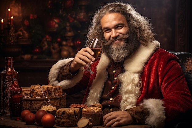 위스키 한 잔을 들고 있는 산타클로스 새해 전날 명랑하고 재미있는 할아버지 서리가 행복한 휴일을 기원합니다 겨울 공연은 재미있습니다