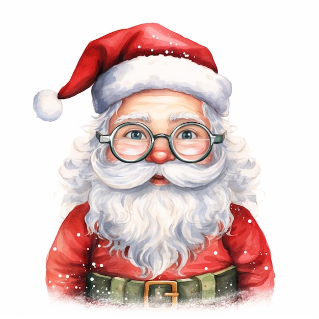 안경과 수염을 가진 산타클로스가 산타 모자를 쓰고 있다.