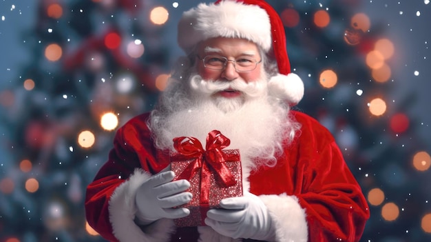 Santa Claus with glasses and a gift in his hands looks at the camera Generative AI