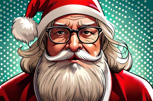 Санта-Клаус с очками поп-арт в стиле комиксов генеративная ИИ иллюстрация на Рождество