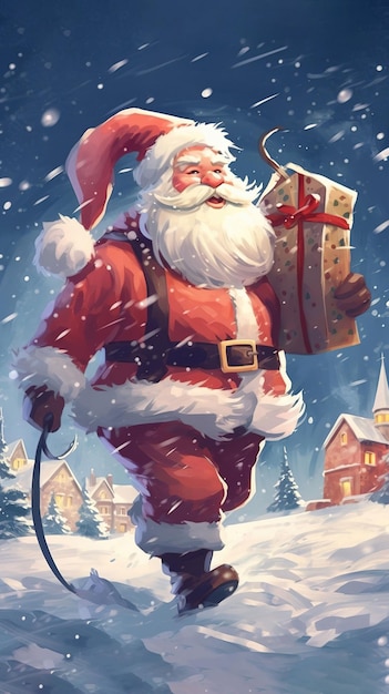 Santa Claus with a huge bag on the run to delivery Christmas gifts at the snowfall