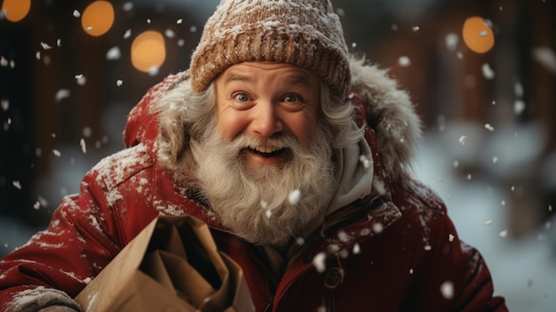 Санта-Клаус с огромной сумкой бежит доставлять рождественские подарки на снегопаде