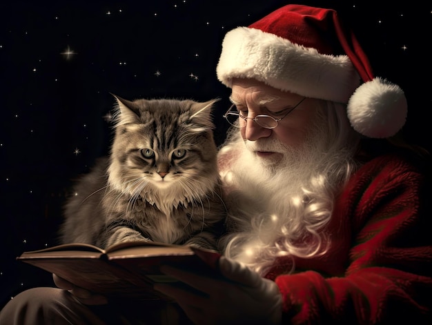 Santa Claus with little cat on dark background Christmas card concept Digital Illustration