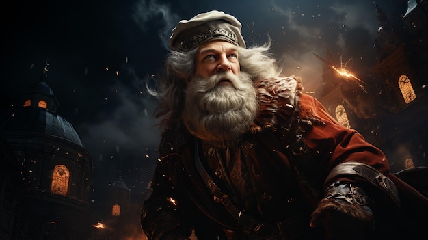 santa claus with long beard and hat in night