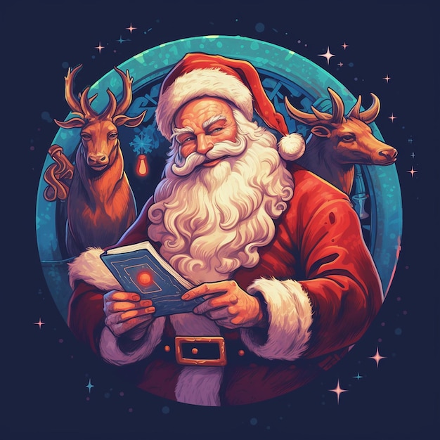 Santa Claus with magic book and reindeers Christmas illustration