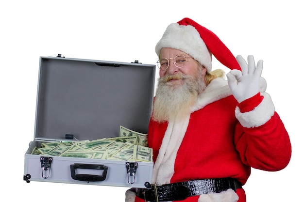 Santa Claus with open case full of money.