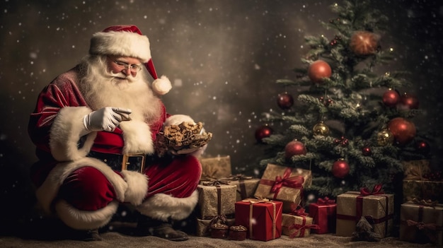 Santa Claus with presents white background Portrait of cheerful male Santa Claus with colored gift