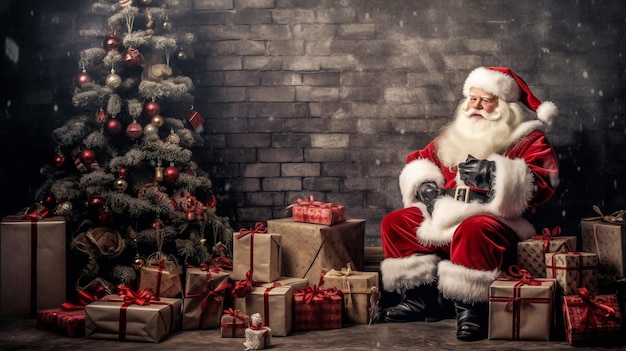 Santa Claus with presents white background Portrait of cheerful male Santa Claus with colored gift