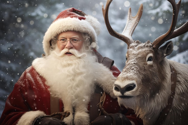 Santa Claus with reindeer on christmas card