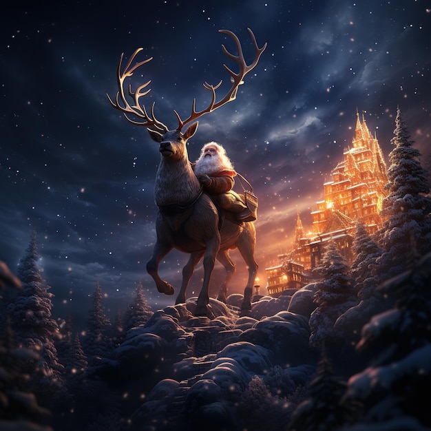 Santa Claus with reindeer in the forest 3d render Generative AI