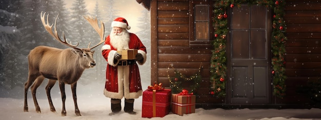 Санта-Клаус с оленями и подарочной коробкой на фоне деревянного дома