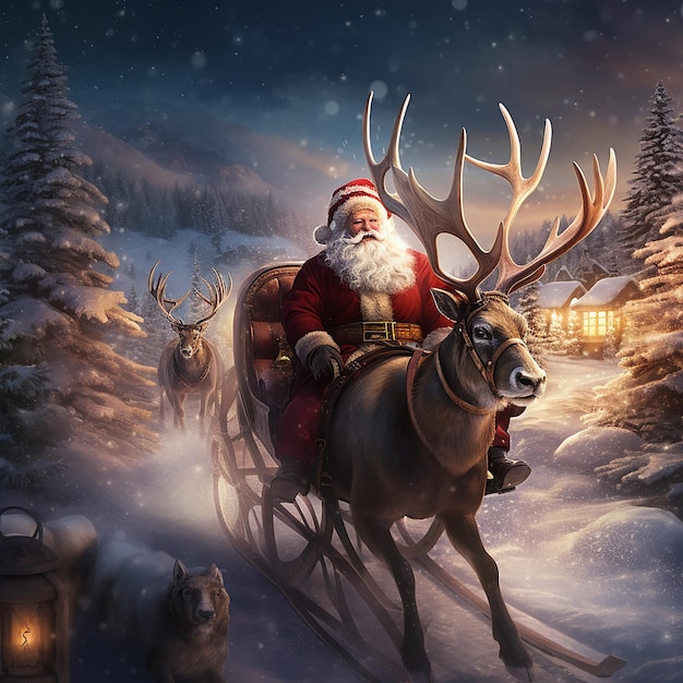 Foto babbo natale con le renne sulla slitta sullo sfondo natalizio