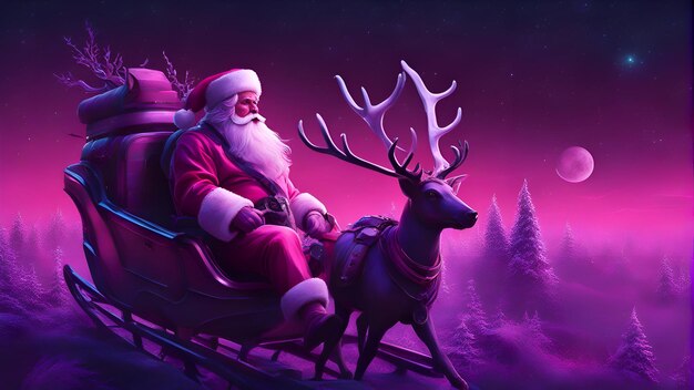 Photo santa claus with reindeer and sleigh in the night forest