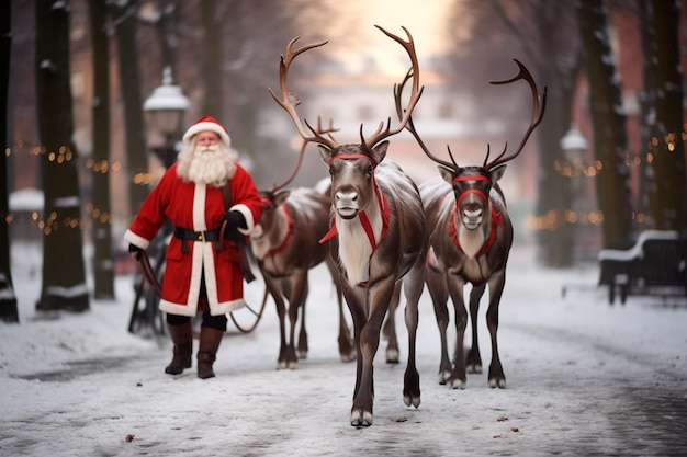 Santa Claus with reindeer stag walking in town street Generative AI