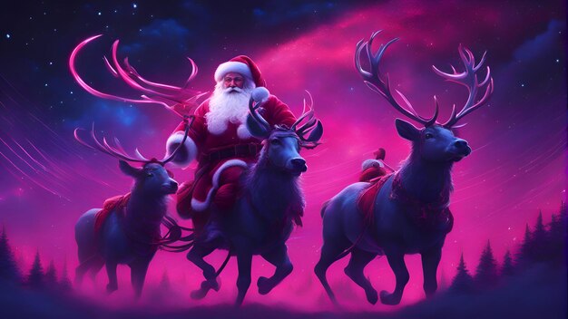 Santa claus with reindeers in the night forest christmas background