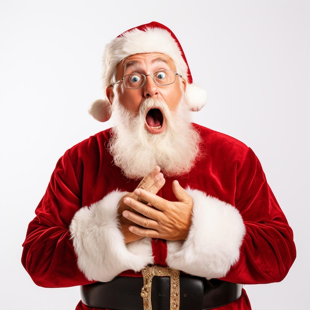 Santa Claus with shocked expression on isolated white background