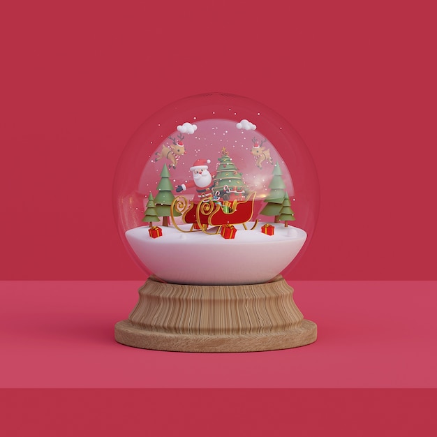 Santa Claus with sleigh and reindeer in a snow globe