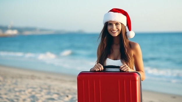 사진 바가 해변에서 가방을 들고 있는 산타클로스