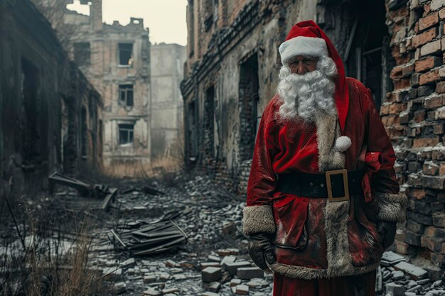 Santa Claus without strength and sad in front of a lonely and devastated city