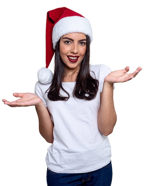 Santa Claus woman holding a gift, isolated on white background.