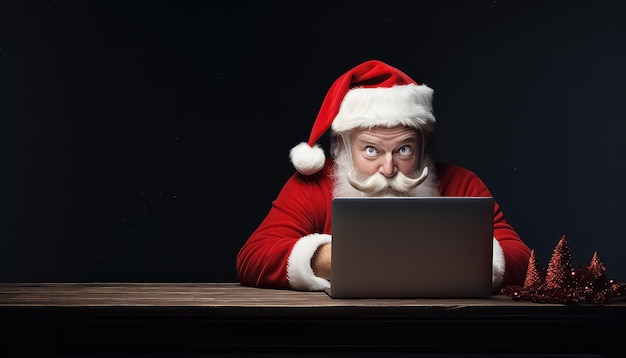 Santa Claus working on a laptop on New Year's Eve or Christmas
