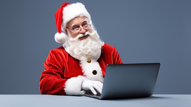 Санта-Клаус работает на ноутбуке