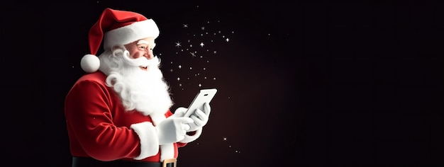 Санта-Клаус работает на экране смартфона Черный фон с местом для копирования текста
