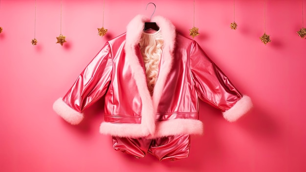 Foto il costume di babbo natale su un appendiabiti sulla parete rosa.