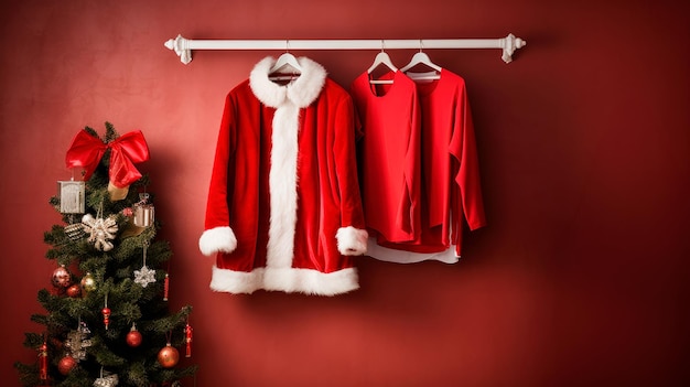 사진 벽에 있는 옷걸이에 있는 산타클로스 의상