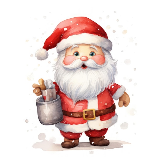 santa clause illustration in watercolor with grin and hat