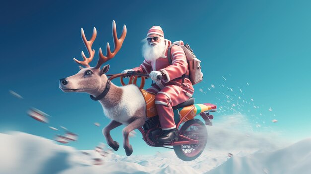 Santa clause is riding a reindeer