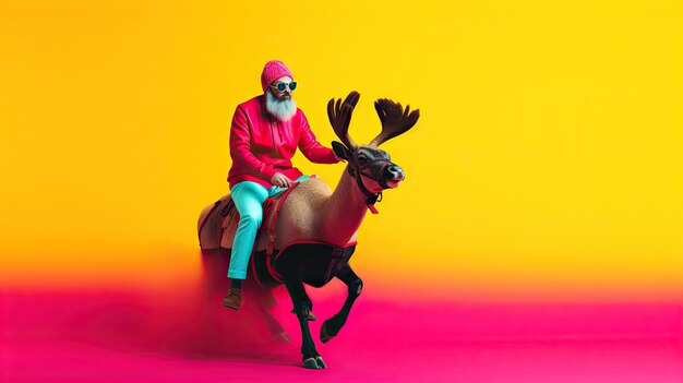 Santa clause is riding a reindeer