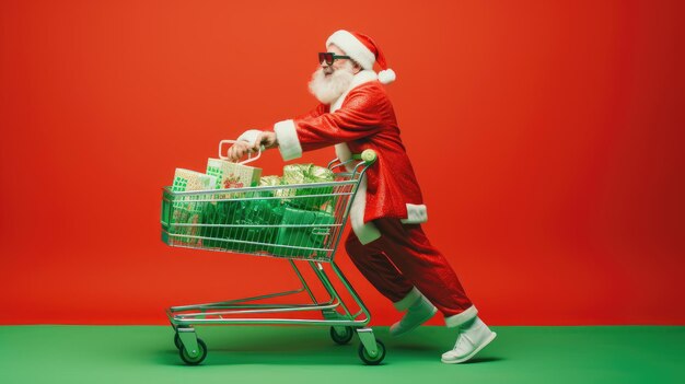Santa clause pushing shopping cart