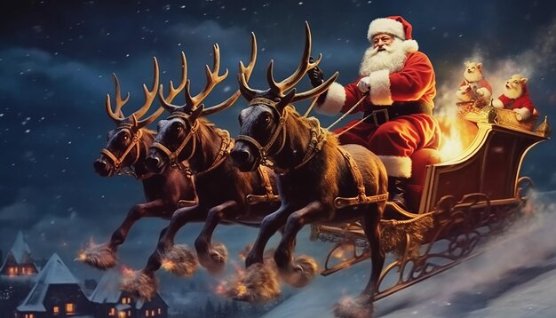 The santa clause riding a sleigh pulled by reindeers