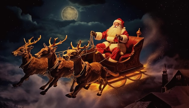 Photo the santa clause riding a sleigh pulled by reindeers