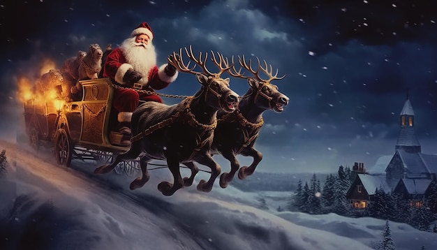 The santa clause riding a sleigh pulled by reindeers