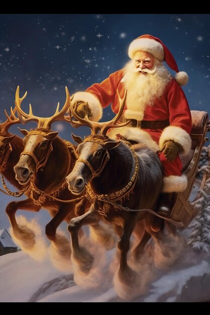 the santa clause riding a sleigh pulled by reindeers