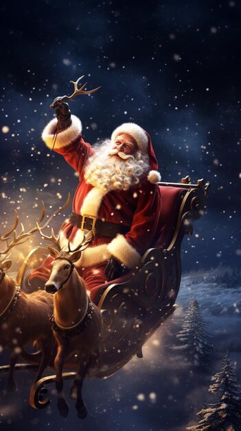 Photo a santa clause riding in a sleigh with reindeers