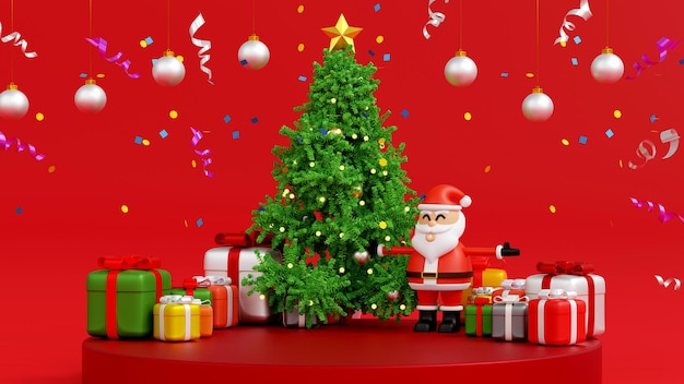 Santa clause snowman and Christmas tree gifts box Happy New year and Merry Christmas 3D rendering