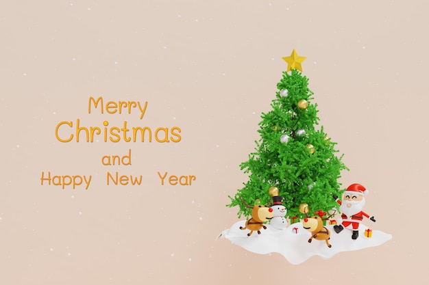 Santa clause snowman and Christmas tree gifts box Happy New year and Merry Christmas greeting card 3D rendering