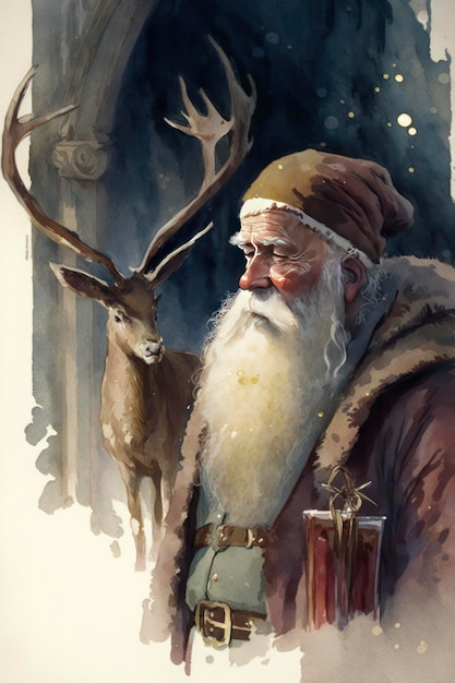 Santa clauss and deer watercolor