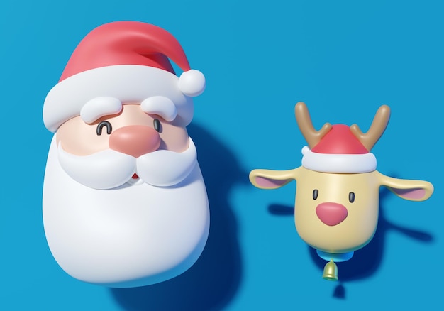 santa and deer cute head blue background 3d render